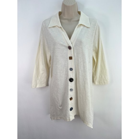 Soft Surroundings Danielle Button Up Blouse sz M Cream Sharkbite Hem Tunic Top - Picture 1 of 7